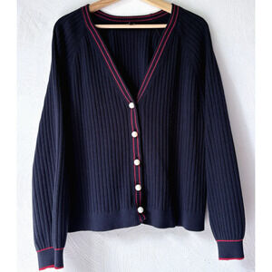 Talbots V-Neck Ribbed Cardigan Sweater Pearl Buttons Navy Blue Red Preppy XLP